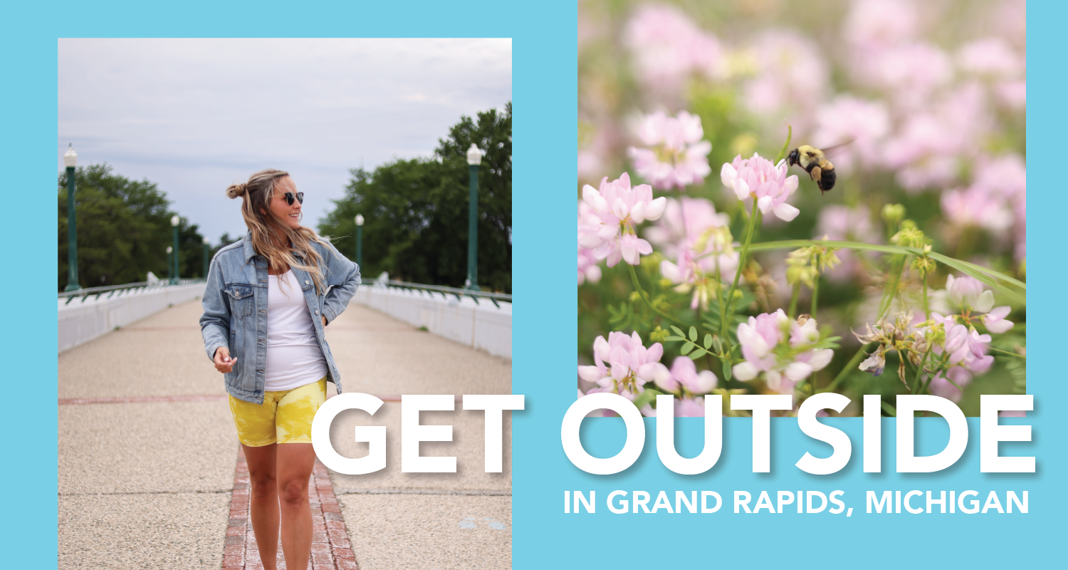 Get Outside Text in white over photo of a bumble bee on a flower and a woman walking on a bridge