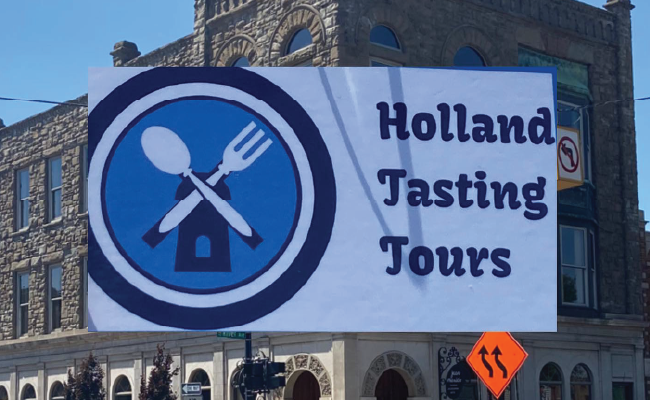 Holland Tasting Tours text with spoon and fork crossed over a windmill, with Holland architecture in the background