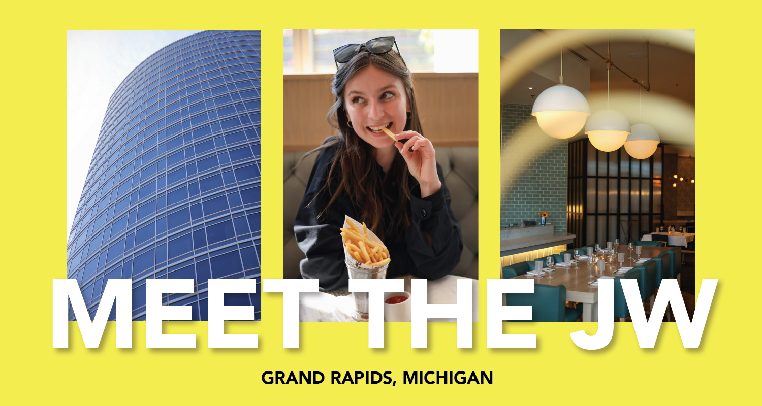 Photo of JW Marriott exterior, woman eating french friends, and indoor dining room with large round globe lights. Yellow background with the words "Meet the JW" in white on top of the photos and Grand Rapids Michigan in small black text at the bottom.